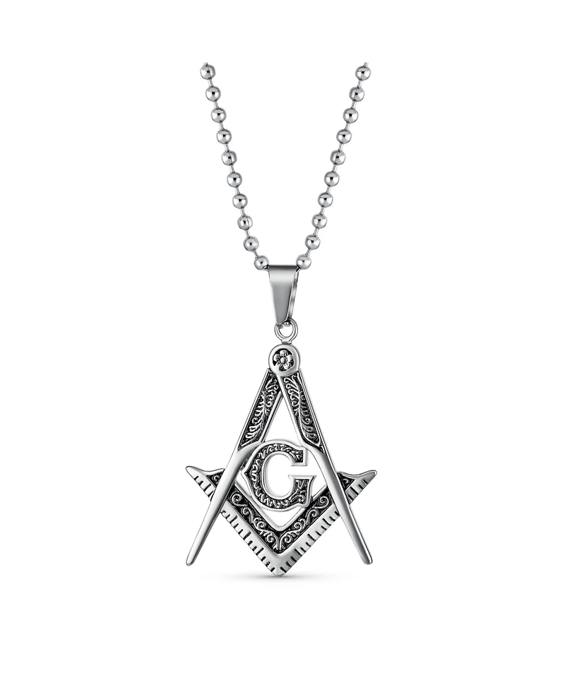 Bling Jewelry Large Freemason Secret Society Square Compass Masonic Symbol Pendant Necklace Stainless Steel With Bead Chain