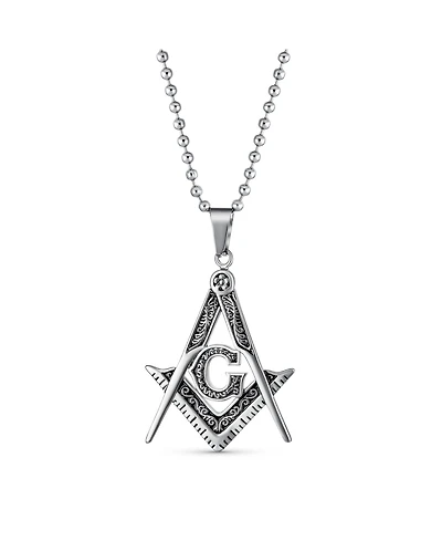Bling Jewelry Large Freemason Secret Society Square Compass Masonic Symbol Pendant Necklace Stainless Steel With Bead Chain