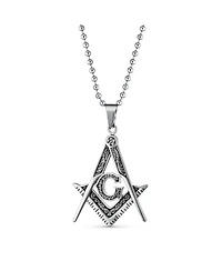 Bling Jewelry Large Freemason Secret Society Square Compass Masonic Symbol Pendant Necklace Stainless Steel With Bead Chain