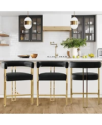 Set of 3 Faux Leather Counter Stools–Curved Armrests, Gold Legs, Modern Design for Kitchen & Bar-Maison Boucle