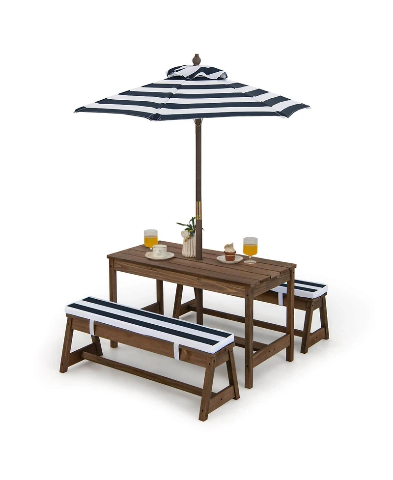Gouun Kids Picnic Table and Bench Set with Cushions and Height Adjustable Umbrella
