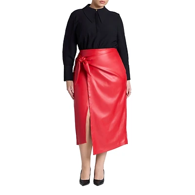 Eloquii Women's Wrap Front Faux Leather Midi Skirt