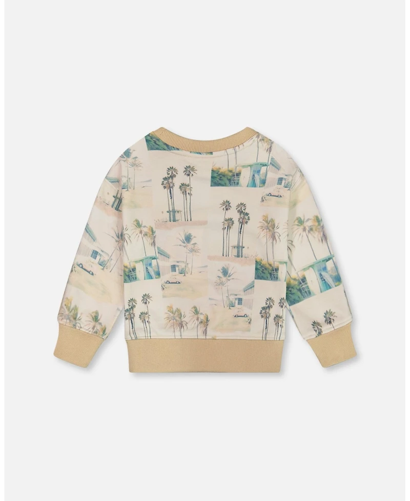 Deux par Deux Baby Boys Printed Pullover Sweatshirt Beige Palm Tree And Teal