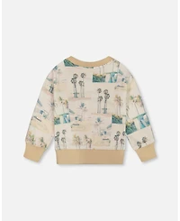 Deux par Deux Baby Boys Printed Pullover Sweatshirt Beige Palm Tree And Teal