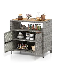 Gouun Rattan Storage Cabinet with Acacia Wood Countertop for Poolside Deck and Patio