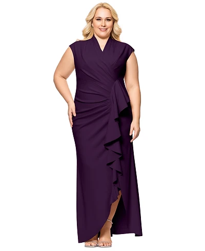 Betsy & Adam Plus Size Cascading Ruffle Wrap Gown