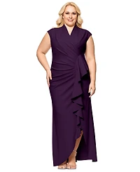 Betsy & Adam Plus Size Cascading Ruffle Wrap Gown
