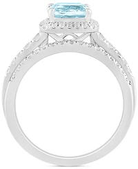 Aquamarine (1-1/4 ct. t.w.) & Diamond (1/2 Cushion Halo Bridal Set 14k White Gold