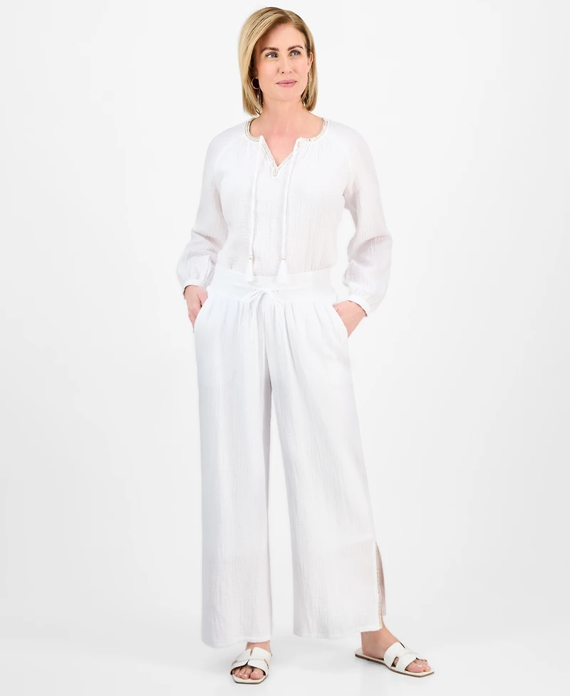 Jm Collection Petite Gauze Split-Hem Wide-Leg Pants, Exclusively at Macy's