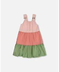 Deux par Deux Girl Tiered Color Block Peasant Dress Peach Pink And Green - Toddler|Child