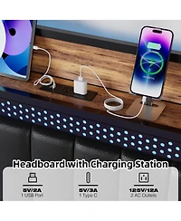 gaomon Queen Bed Frame with Charging Station, Led Bed Frame with Storage Headboard, Upholstered Platform Bed Frame
