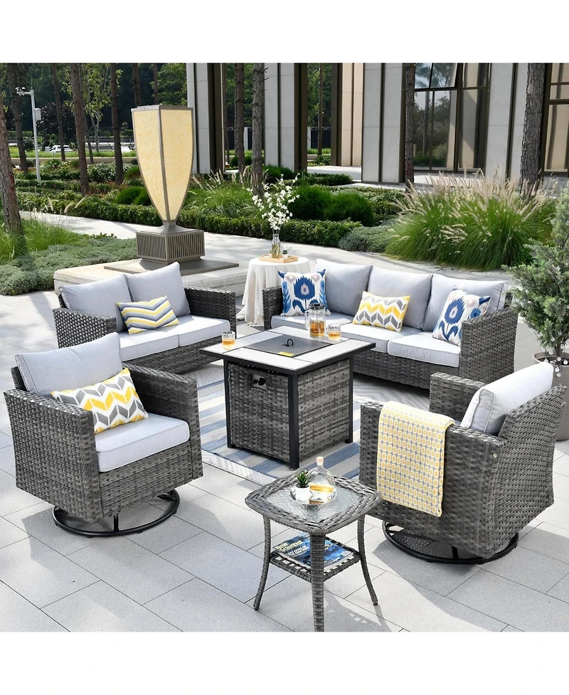 Xizzi Patio Furniture Set 6 Piece Outdoor Sectional Sofa with Rocking Swivel Chairs Square Fire Pit Table Loveseat All Weather Wicker Rattan Conve