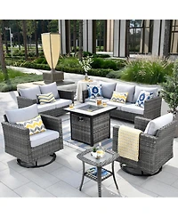 Xizzi Patio Furniture Set 6 Piece Outdoor Sectional Sofa with Rocking Swivel Chairs Square Fire Pit Table Loveseat All Weather Wicker Rattan Conve