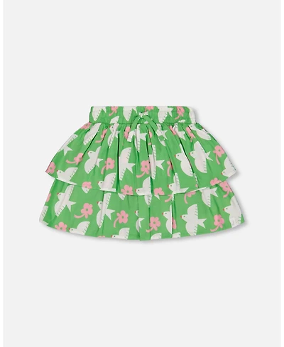 Deux par Big Girls Tiered Elastic Waist Skirt Green With White And Pink Bird