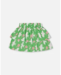 Deux par Big Girls Tiered Elastic Waist Skirt Green With White And Pink Bird
