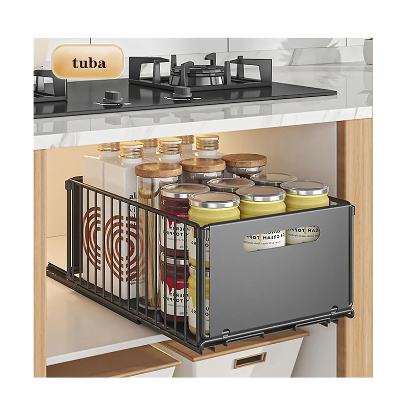gaomon 1pc Pull Out Cabinet Organizer, Expandable Kitchen Drawers, Heavy Duty Slide Out Storage Basket With Adhesive Film, Under Sink Cabinet Storage