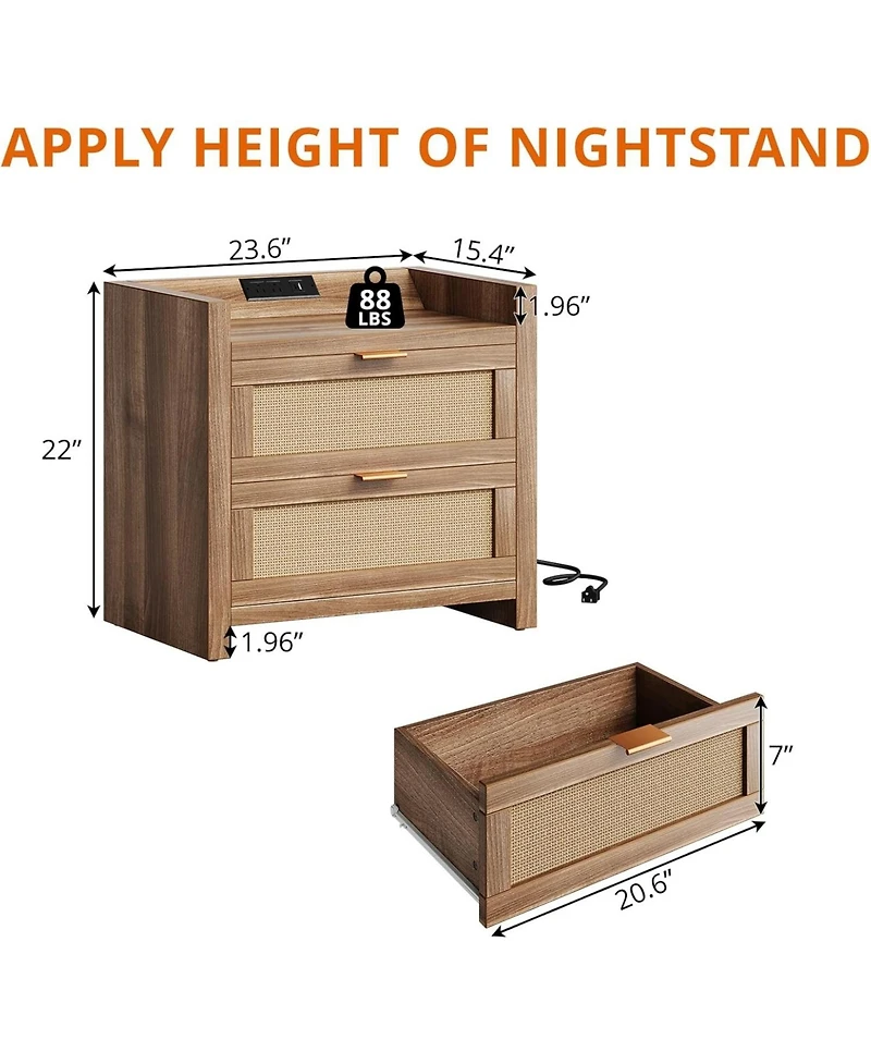 gaomon Night Stand Set of 2, Modern Nightstand with Type-c Charging Station, Bedside Tables with 2 Pe Rattan Drawers, Rattan Nightstands for Bedroom L