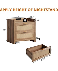 gaomon Night Stand Set of 2, Modern Nightstand with Type-c Charging Station, Bedside Tables with 2 Pe Rattan Drawers, Rattan Nightstands for Bedroom L