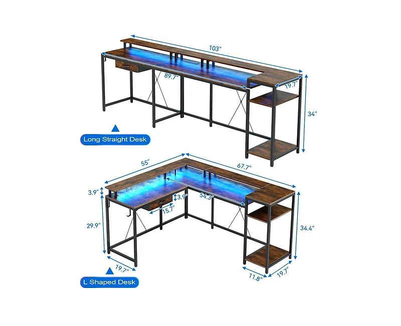 gaomon L Shaped Desk with Drawers and Led Lights, 55 Inch Computer Desk with Shelves & Monitor Stand