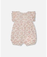 Deux par Deux Baby Girls Cotton Pointelle Romper With Frills Printed White And Pink Flowers