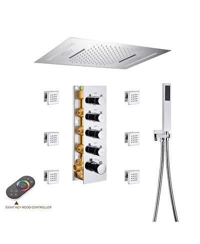 Chrome Luxury 4-Way Thermostatic Shower System with Led and Music Player Shower Faucet Set with Handheld Shower Head and Body Jets