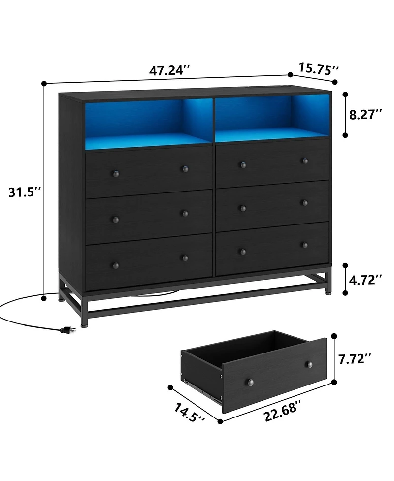 gaomon 6 Drawer Dresser with Led Lights, Modern Large Capacity Storage Cabinet