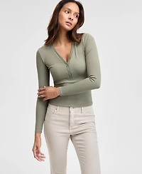 And Now This Women's Ribbed Henley-Neck Long-Sleeve Top, Created for Macy's