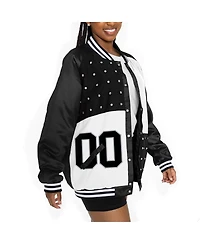 Gameday Couture Women's Black/White Las Vegas Raiders Oversized Hot Shot Rhinestone Throwback Full-Snap Varsity Bomber Jacket