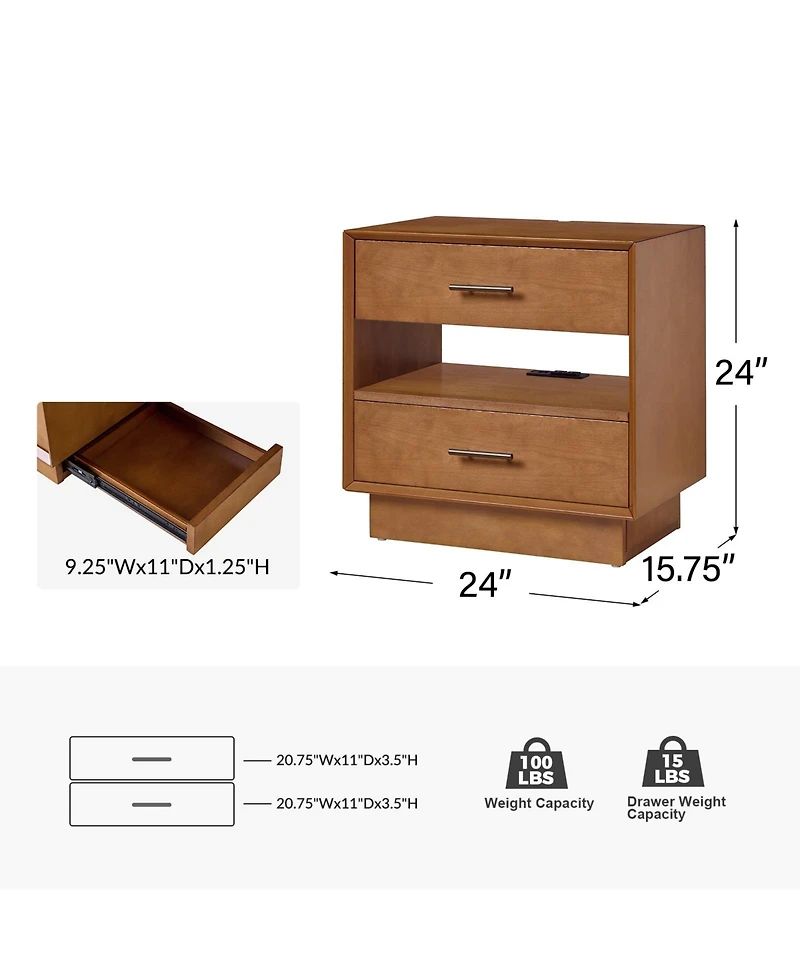 Hulala Home Zulema Mid-Century Modern 2-Drawer Nightstand with Built-In Outlets and Hidden Drawer
