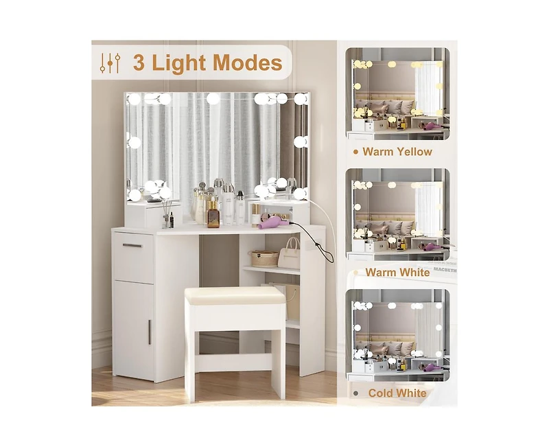 gaomon Corner Vanity Mirror with Lights and Table Set & Power Outlet, Makeup Vanity Table with Lights with 2 Drawers & Stool