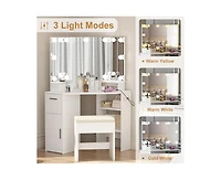 gaomon Corner Vanity Mirror with Lights and Table Set & Power Outlet, Makeup Vanity Table with Lights with 2 Drawers & Stool