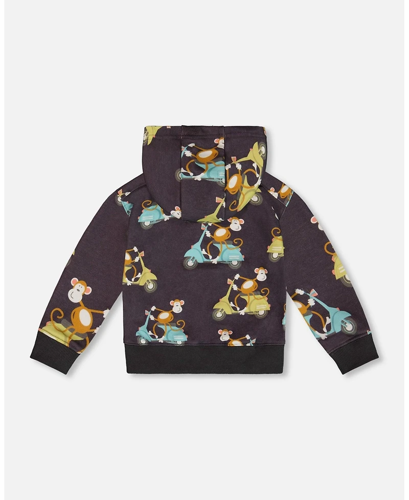 Deux par Deux Toddler Boys Printed French Terry Hooded Full Zip Cardigan Sweatshirt Monkey On Navy Moped - Toddler|Child