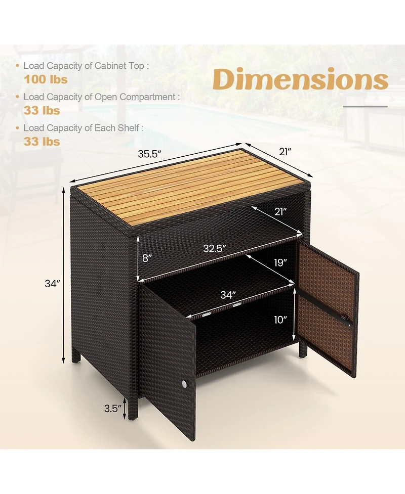 Gouun Rattan Storage Cabinet with Acacia Wood Countertop for Poolside Deck and Patio