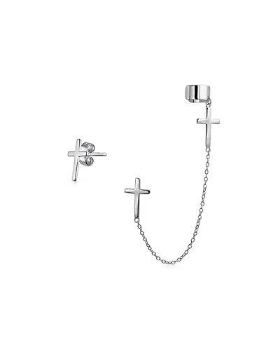 Bling Jewelry Religious Cross Ear Cuff Cartilage Earring Set .925 Sterling Silver