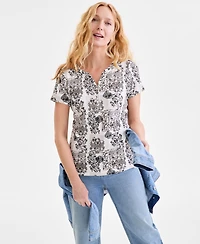 Style & Co Women's Printed Short-Sleeve Henley T-Shirt, Exclusively at Macy's