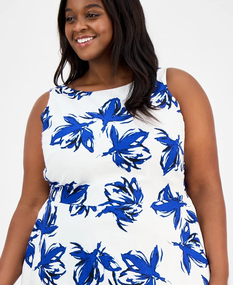 Anne Klein Plus Floral-Print Linen-Blend Fit & Flare Dress