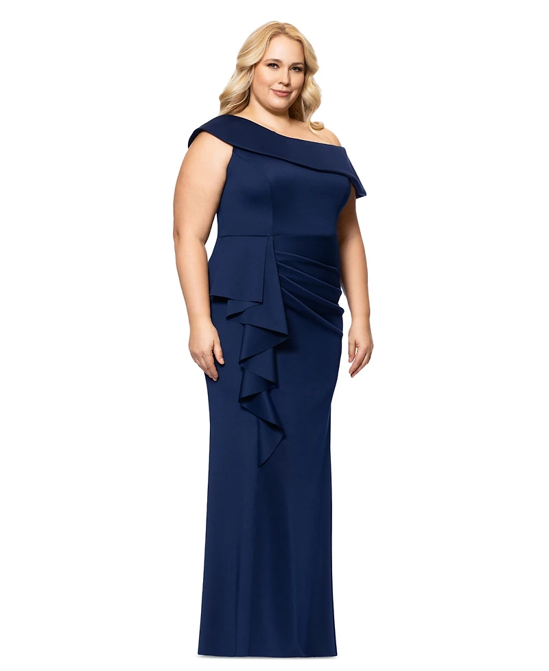 Xscape Plus Size Asymmetric Off-The-Shoulder Gown