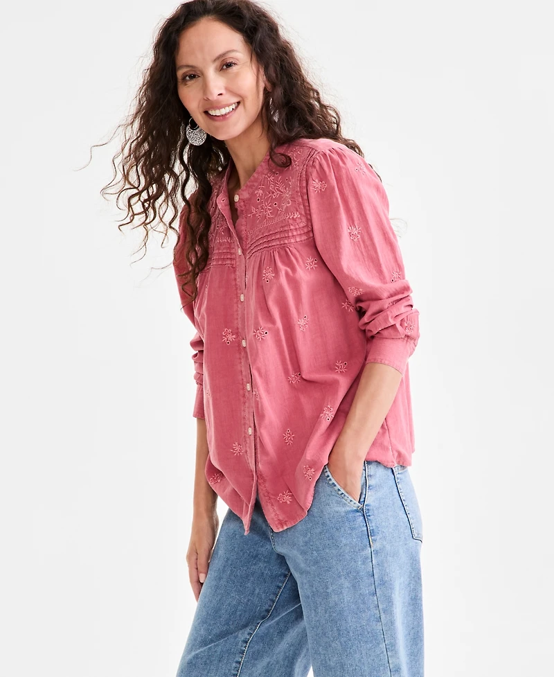 Style & Co Women's Embroidered Cotton Button-Front Top, Exclusively at Macy's