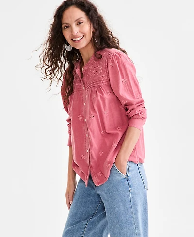 Style & Co Women's Embroidered Cotton Button-Front Top, Exclusively at Macy's