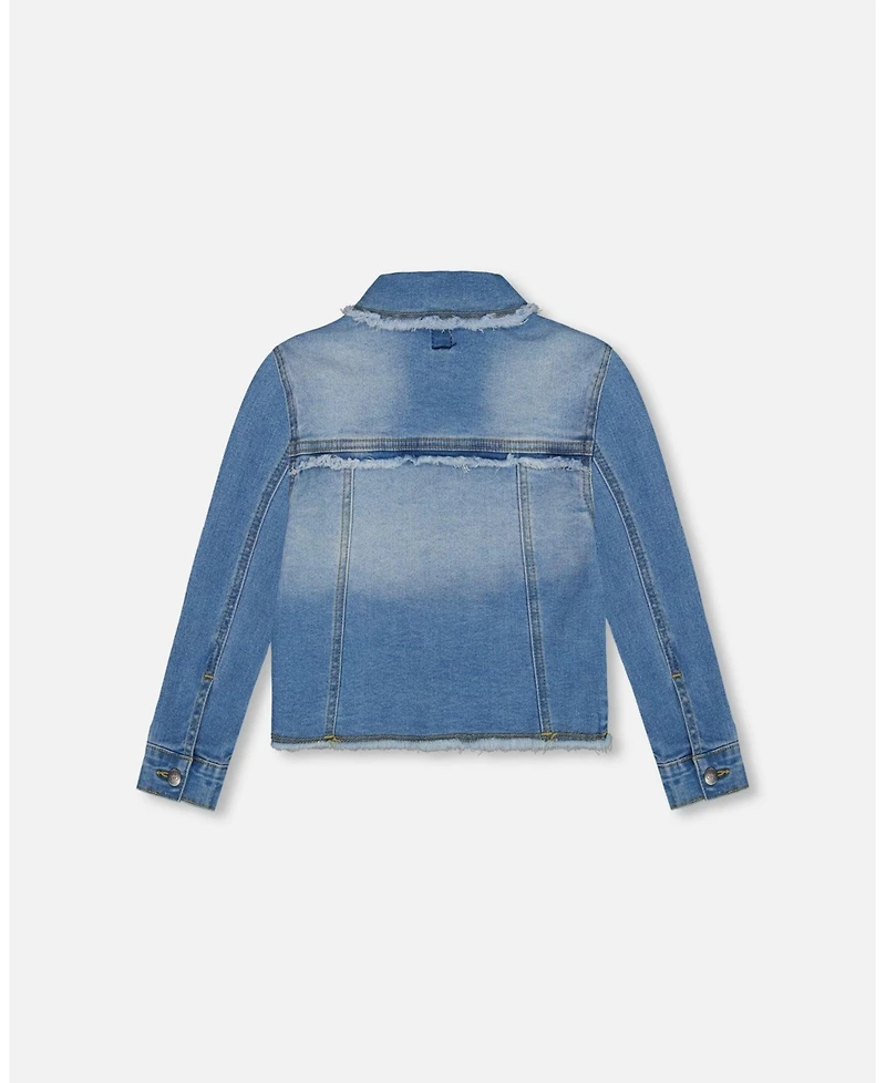 Deux par Deux Girl Frayed Denim Jacket With Embroidery Jeans Blue - Toddler|Child