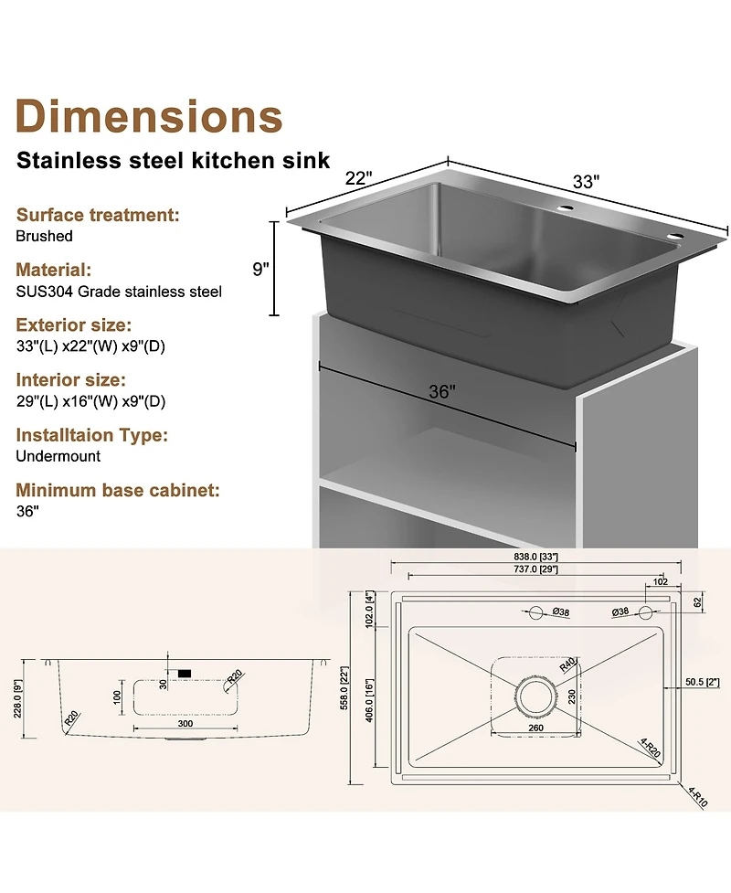 Casainc 33inch L x 22inch W Drop-in Kitchen Sink with Accessories