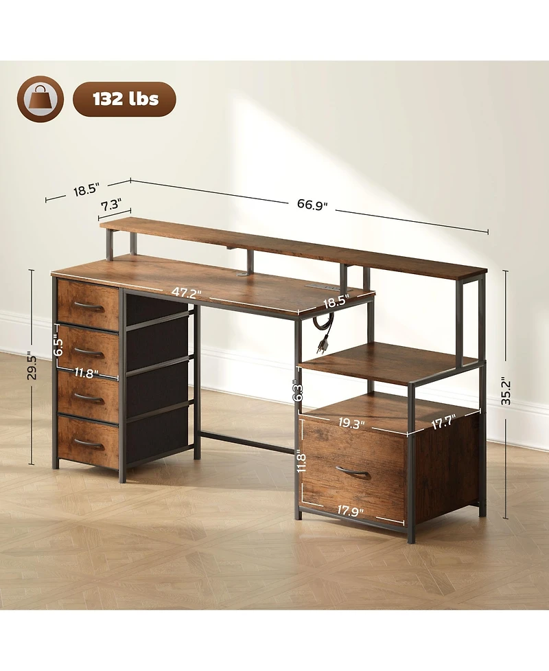 67" Computer Desk Home Office Desk with File Cabinet Lights