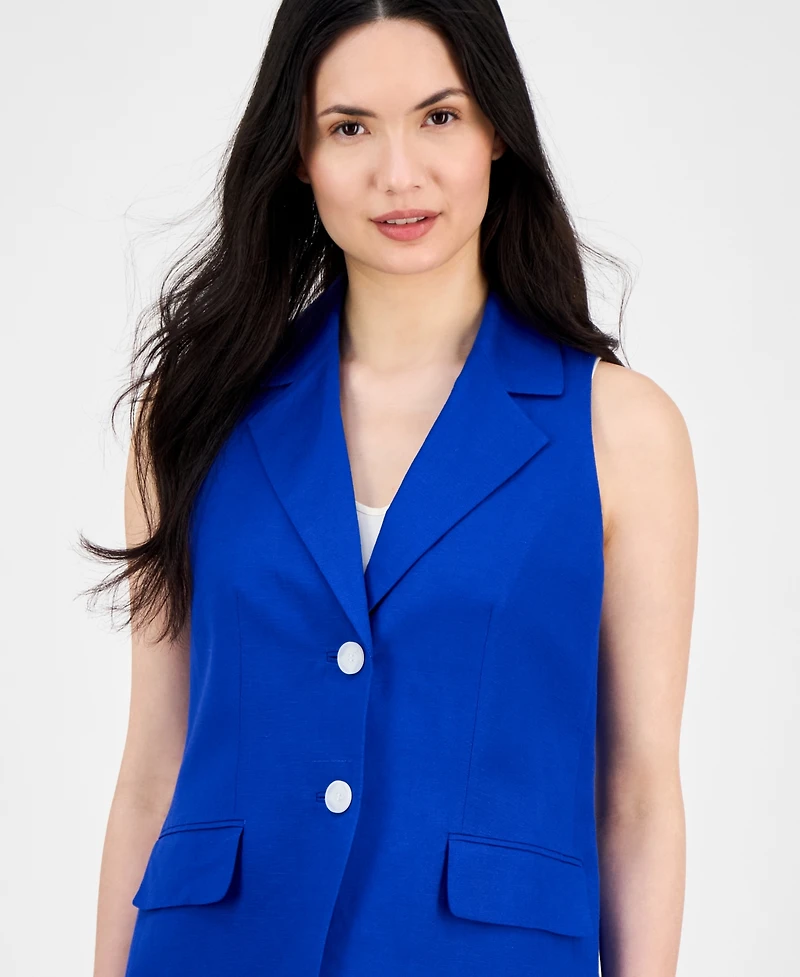Anne Klein Women's Linen Blend Sleeveless Notched Collar Vest