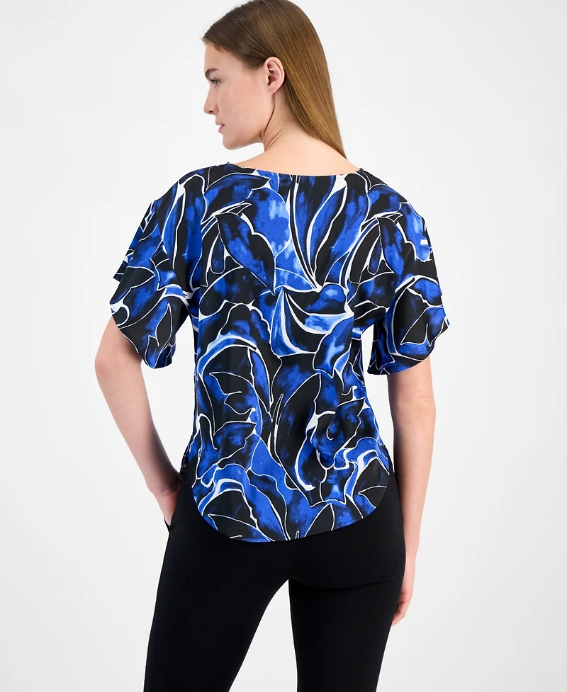 Anne Klein Women's Printed Flutter-Sleeve Boat-Neck Blouse