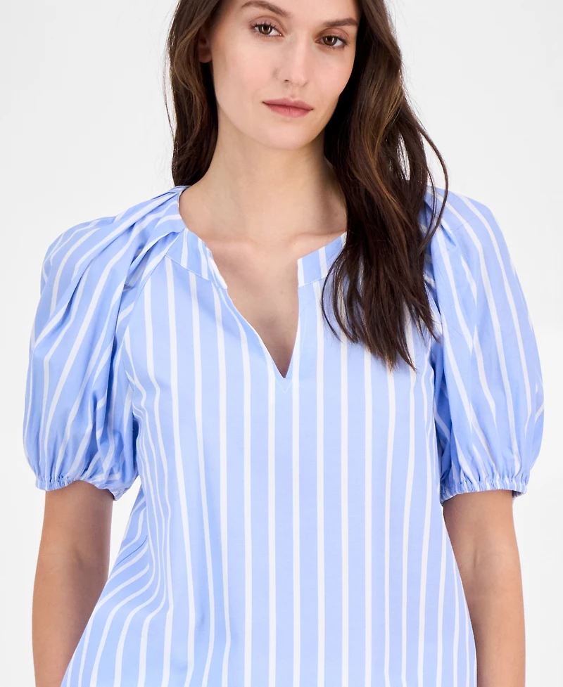 Anne Klein Women's Cotton Poplin Striped Puff-Sleeve Blouse