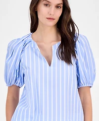 Anne Klein Women's Cotton Poplin Striped Puff-Sleeve Blouse
