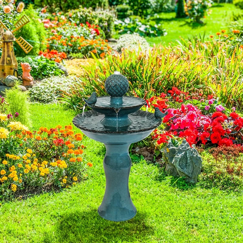 27"H Electric Ceramic 2-Tier Resting Birds Outdoor Water Fountain