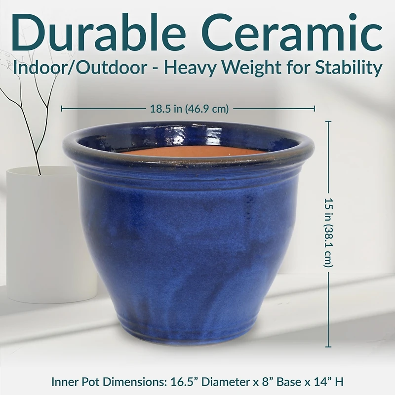 Large Ceramic Planter - Indoor or Outdoor Plant Pot with Drainage Holes - Imperial Blue Glaze Finish - 18" - Studio