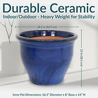 Large Ceramic Planter - Indoor or Outdoor Plant Pot with Drainage Holes - Imperial Blue Glaze Finish - 18" - Studio