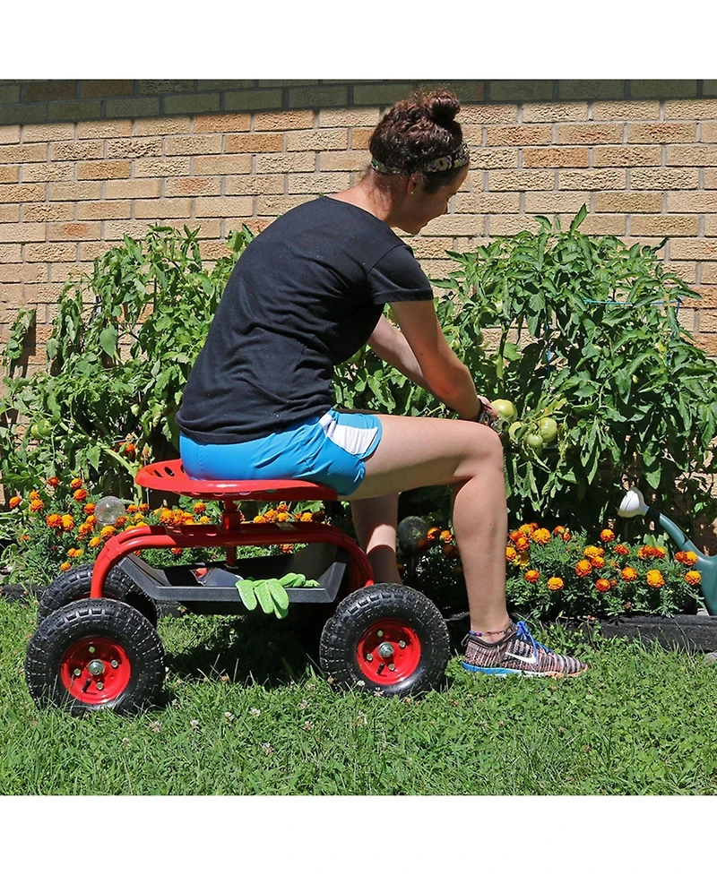 Outdoor Lawn and Garden Heavy-Duty Steel Rolling Gardening Cart with Adjustable Height Swivel Chair, Tool Tray, and Basket